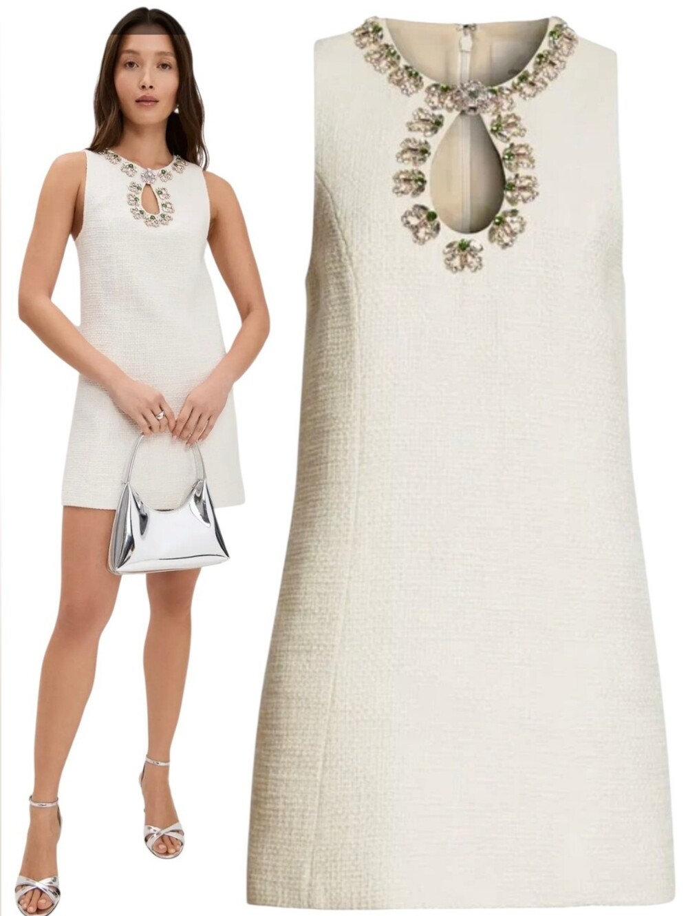 Cinq a Sept FRANCHELLE Crystal  Embellished Neckline Tweed Dress Sz 6 NWT Cream